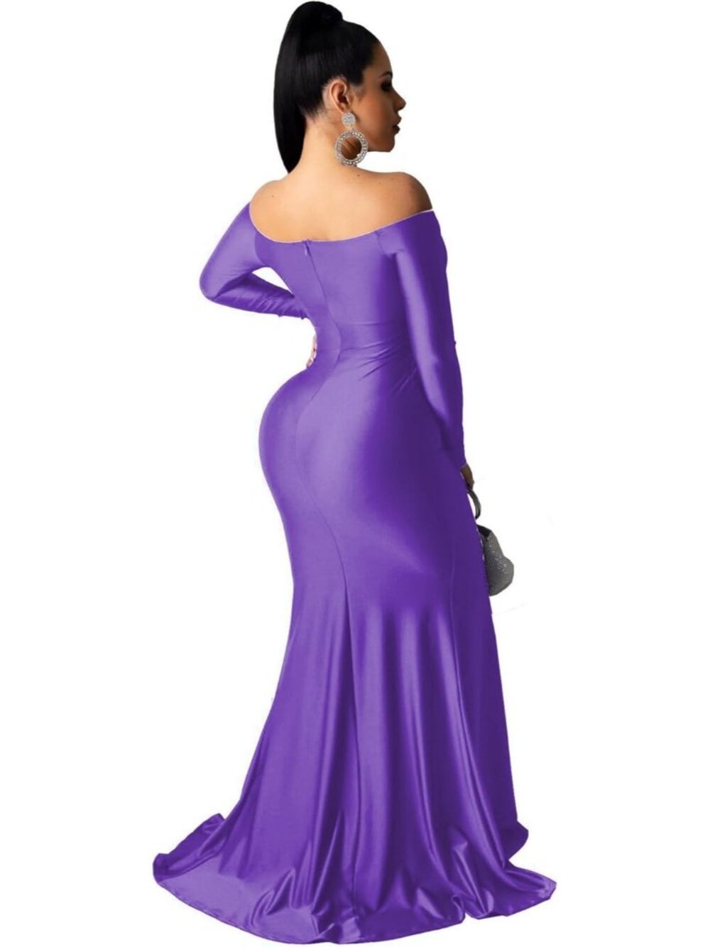 Women's Purple Off Shoulder Elegant V Neck Short Sleeve High Split Prom Dress - Picture 2 of 2
